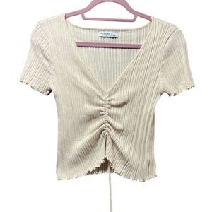 Arizona Jean Co Ribbed Knit Top Ruched Drawstring Front Lettuce Edge Size‎ L